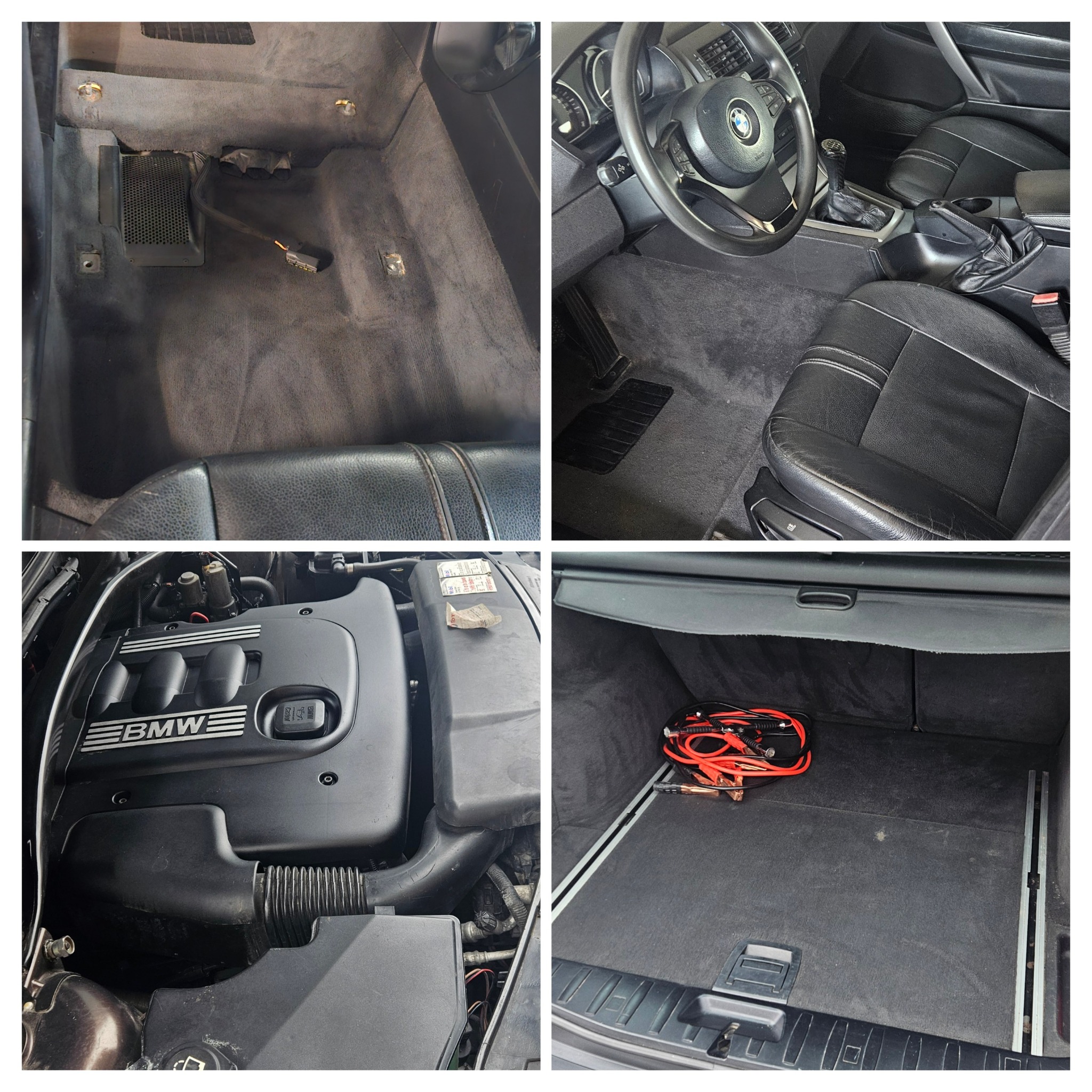 Cztery kadry: wnętrze BMW X3 przed czyszczeniem (podłoga, siedzenia), silnik i bagażnik z kablami rozruchowymi. Widoczne ślady użytkowania, kurz i zabrudzenia.