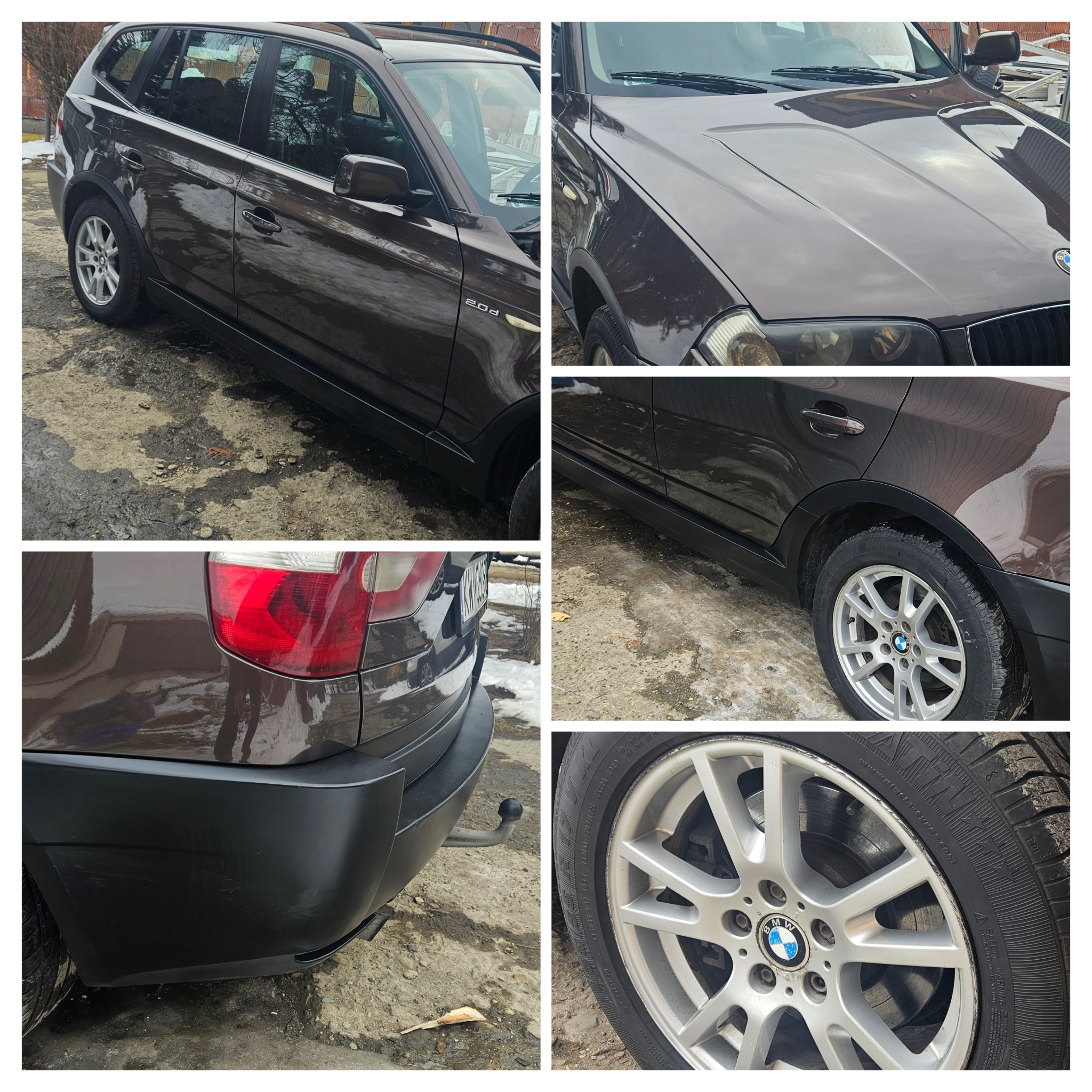 Czysty, brązowy SUV BMW X3 po usłudze mycia w Biskupicach. Widoczne detale karoserii, felgi i opony. Auto stoi na zewnątrz, na lekko zabrudzonym podłożu.