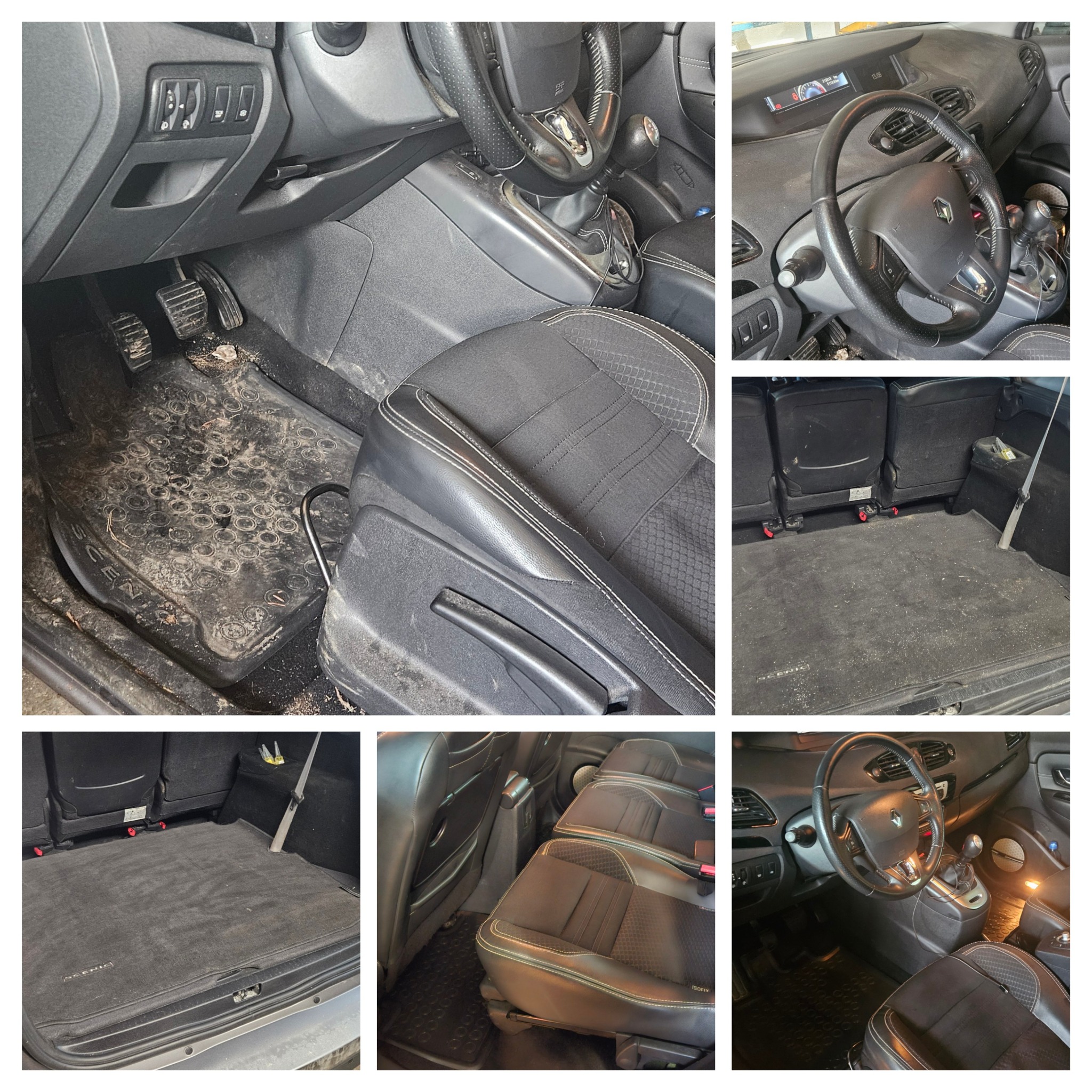 Wnętrze brudnego samochodu Renault Scenic przed czyszczeniem: dywaniki, fotele i podłoga pokryte piaskiem i kurzem. Widoczne detale deski rozdzielczej i kierownicy.