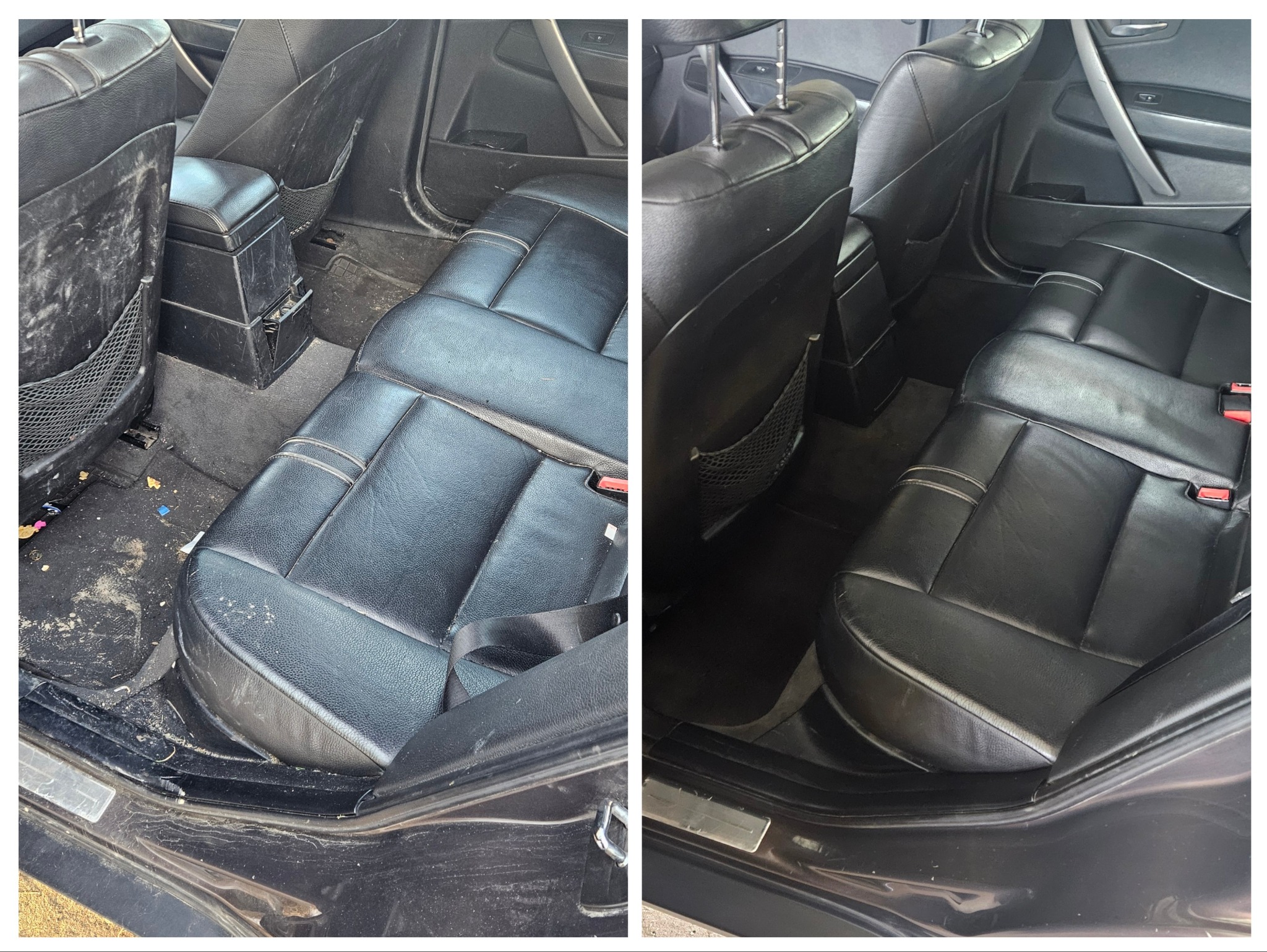 Tapicerka samochodowa przed i po czyszczeniu: po lewej brudne siedzenie, po prawej czyste, czarne skórzane fotele. Widoczne detale wnętrza pojazdu.