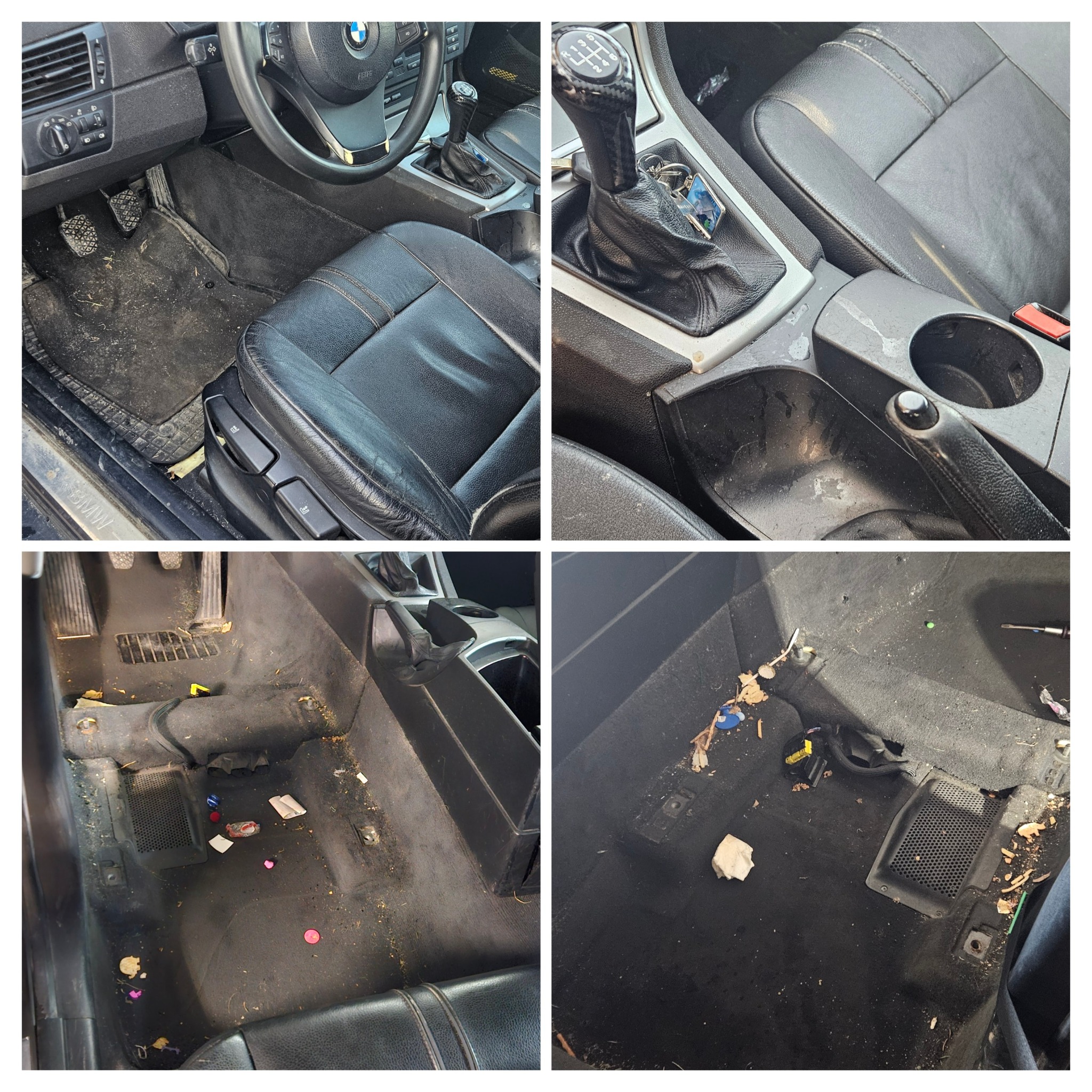 Cztery kadry wnętrza mocno zabrudzonego samochodu BMW, ukazujące brudne dywaniki, podłogę i konsolę środkową przed czyszczeniem. Widoczne ślady użytkowania i zaniedbania.