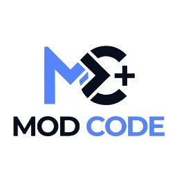 MODCODEPLUS SOFTWARE, AI, TRADE & ARCHITECTURE COMMITMENT, EXPORT, IMPORT, CONSULTANCY SPÓŁKA Z OGRANICZONĄ ODPOWIEDZIALNOŚCIĄ - Nowoczesne logo 'MOD CODE' z niebiesko-czarnym symbolem graficznym, łączącym literę M, znak większości i C z plusem, na białym tle. Minimalistyczny design.