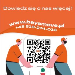 bayamove - Ilustracja graficzna z QR kodem firmy z Zarzec Ulański oferującej kompleksowe usługi przeprowadzkowe. Widoczne dwie postacie niosące karton z rośliną.