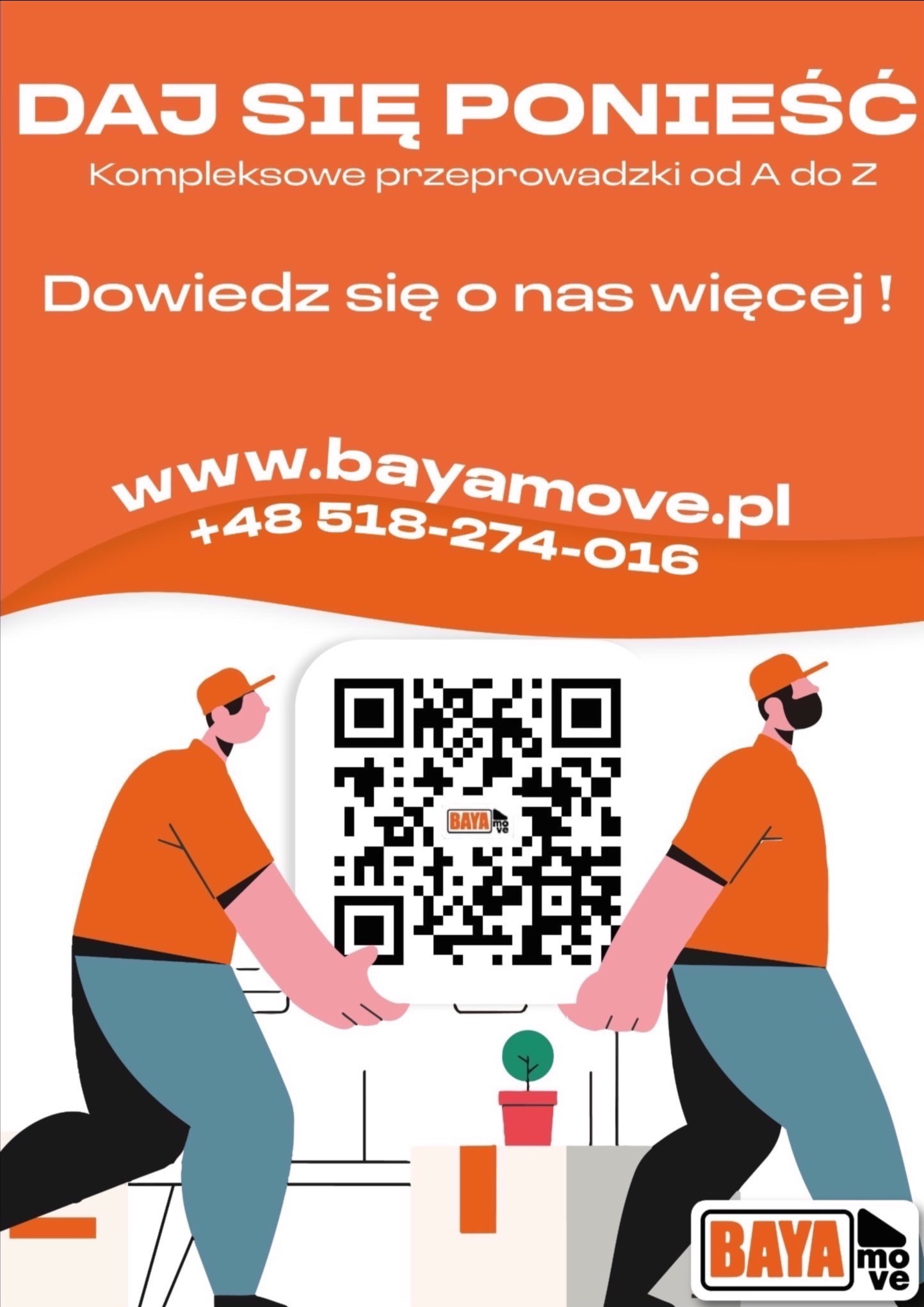 Ilustracja graficzna z QR kodem firmy z Zarzec Ulański oferującej kompleksowe usługi przeprowadzkowe. Widoczne dwie postacie niosące karton z rośliną.