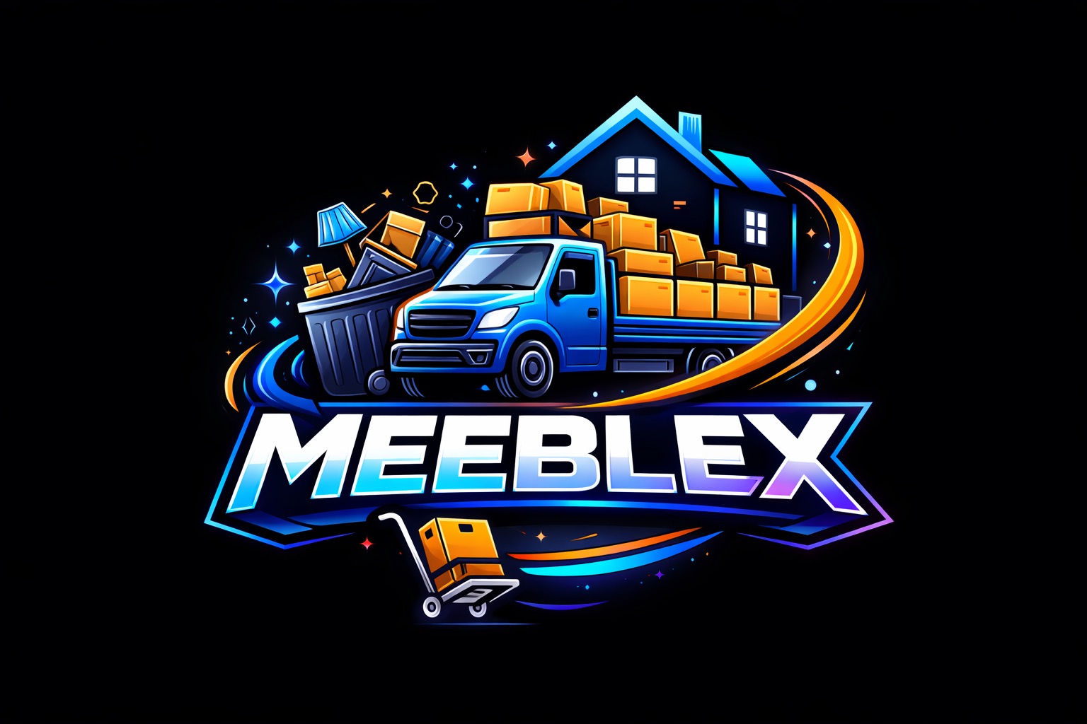 Grafika: Niebieska ciężarówka z kartonami, kosz na śmieci z meblami, dom w tle, nazwa firmy 'MEEBLEX' w neonowych kolorach, wózek z kartonem na czarnym tle.