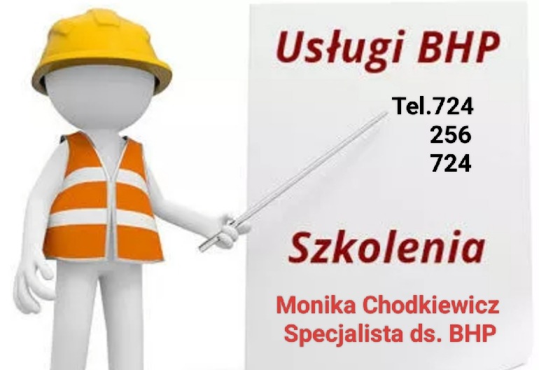 Manekin w kasku i kamizelce BHP wskazuje na tablicę z napisem 'Usługi BHP Szkolenia' i danymi kontaktowymi Moniki Chodkiewicz, specjalisty ds. BHP.