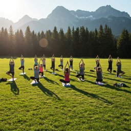 MATTY - ŁUKASZ KONDEJ - Grupowa sesja jogi na trawie z widokiem na góry. Uczestnicy w różnych pozach na matach, w tle las i szczyty górskie w porannym słońcu.