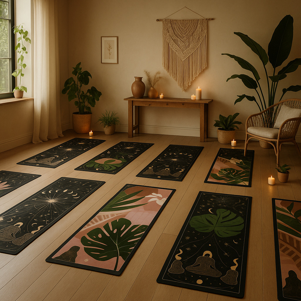 Jasne wnętrze studia jogi z rozłożonymi matami w różne wzory, drewnianym stołem i roślinami doniczkowymi, tworzące spokojną atmosferę do ćwiczeń.