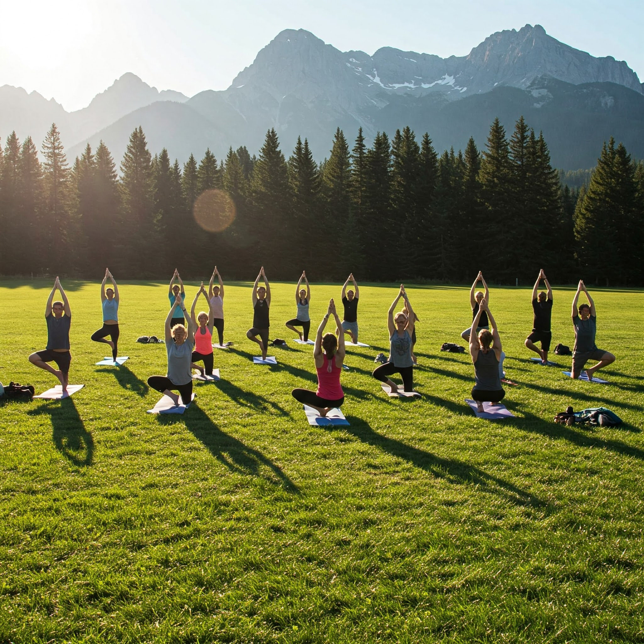 Grupowa sesja jogi na trawie z widokiem na góry. Uczestnicy w różnych pozach na matach, w tle las i szczyty górskie w porannym słońcu.
