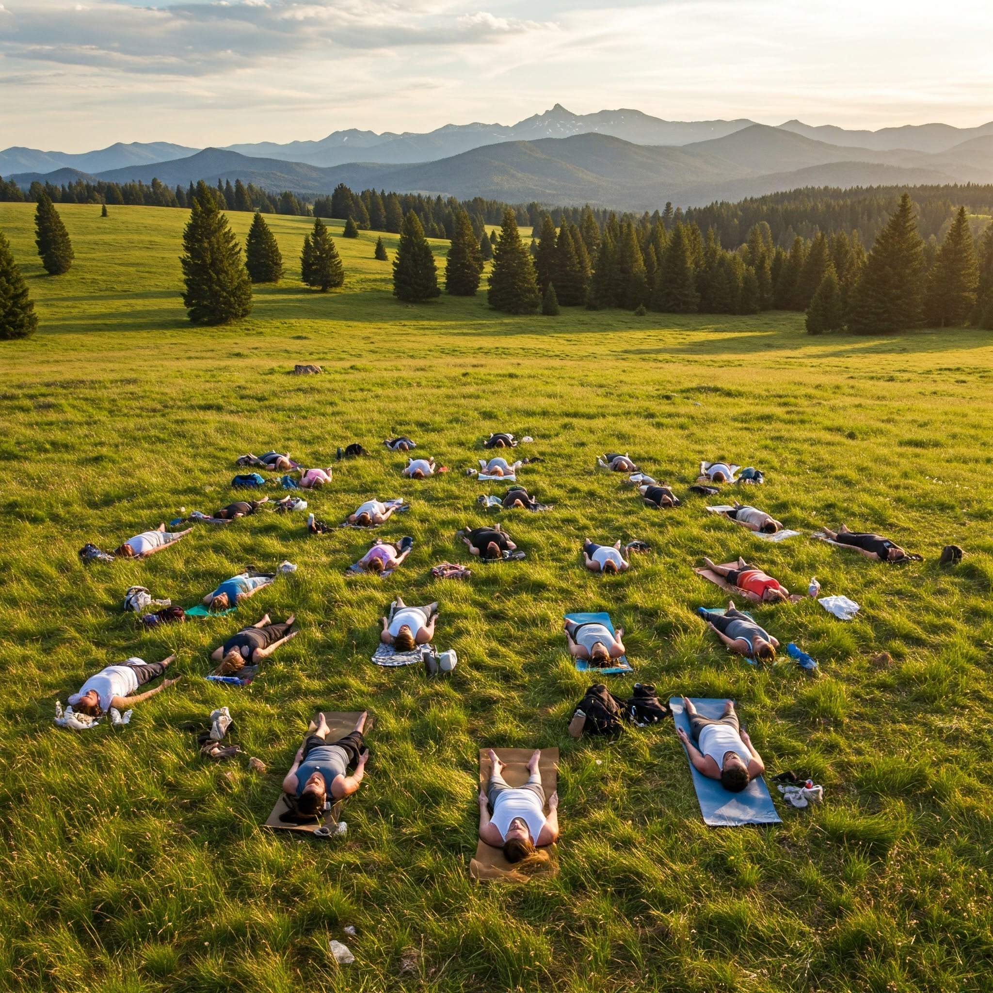Grupowa sesja relaksacyjna na łonie natury: ludzie leżą na matach do jogi na zielonej łące z widokiem na góry w tle, w promieniach zachodzącego słońca.