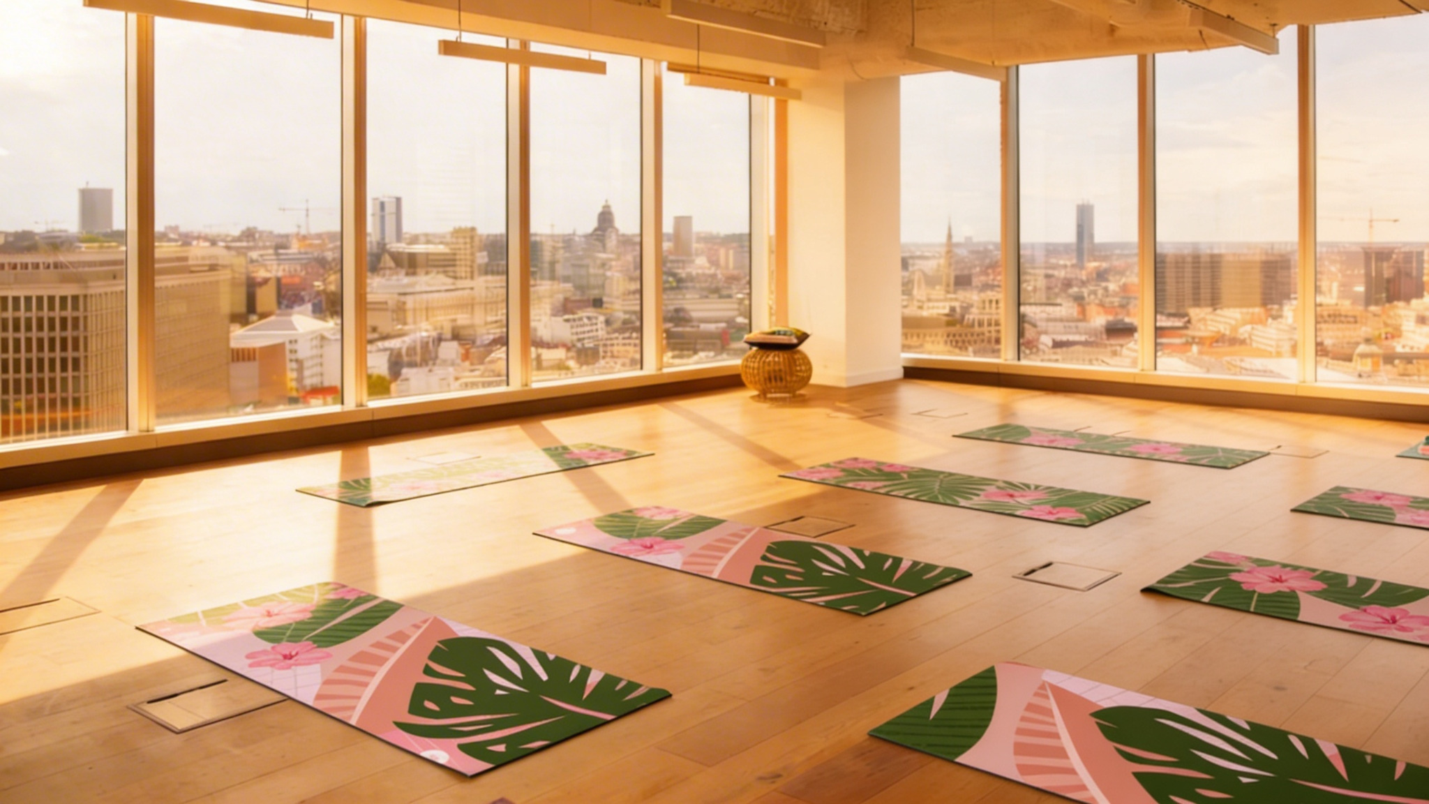 Jasna sala do jogi z widokiem na miasto. Maty do ćwiczeń z motywem tropikalnym rozłożone na drewnianej podłodze. Duże okna wpuszczają ciepłe światło.