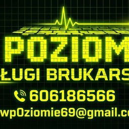 W-Poziomie - Neonowy baner reklamowy firmy brukarskiej 'W POZIOMIE' z numerem telefonu, adresem e-mail i grafiką EKG na tle panoramy miasta. Czarno-zielona kolorystyka, styl retro.
