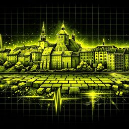 W-Poziomie - Grafika miasta z kościołem i budynkami, stylizowana na neonową siatkę z motywem EKG, na czarnym tle. Elementy kostki brukowej w dolnej części.