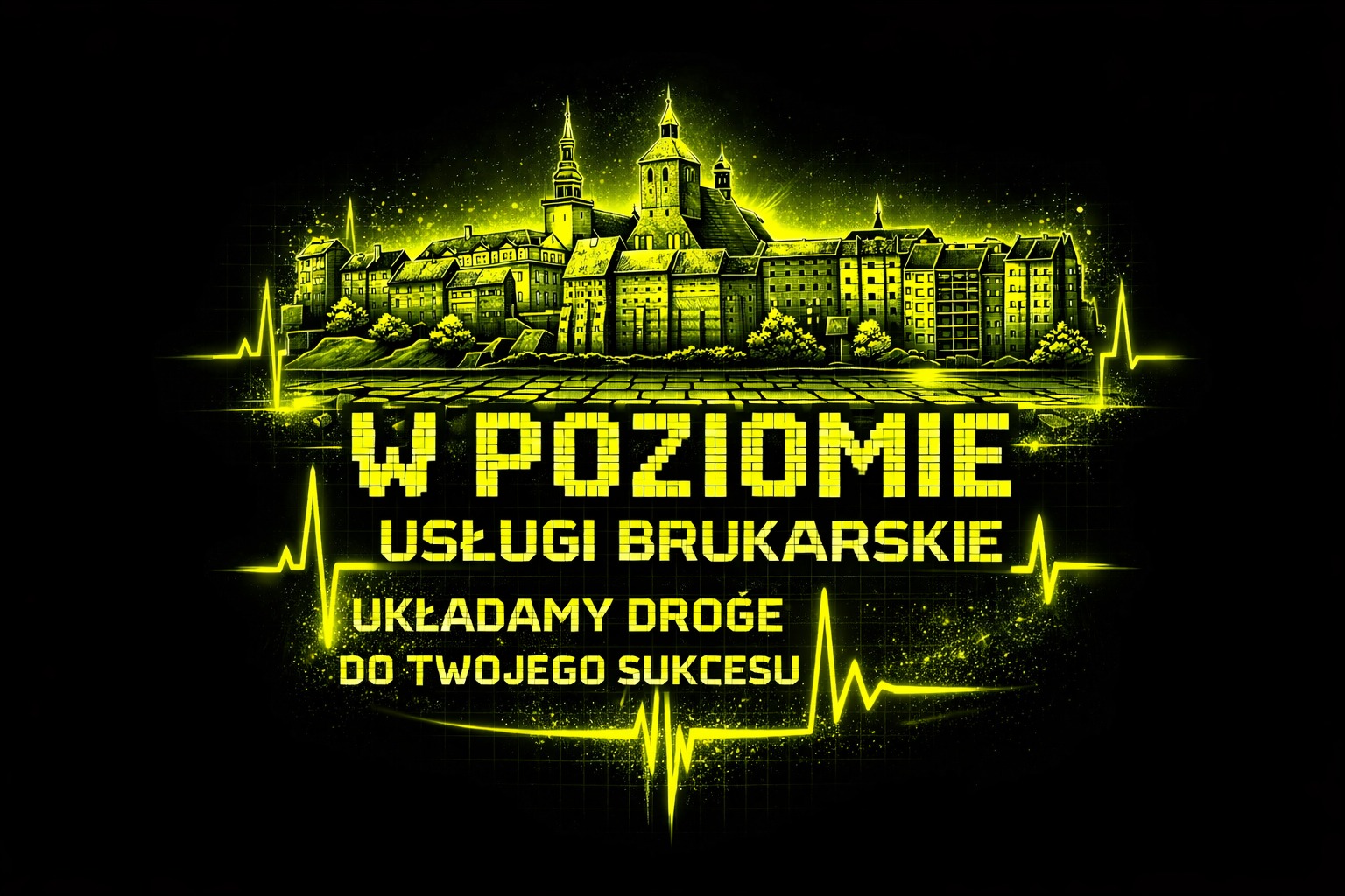 Grafika z żółtym motywem miasta i pulsu, promująca usługi brukarskie z hasłem 'Układamy drogę do Twojego sukcesu'.