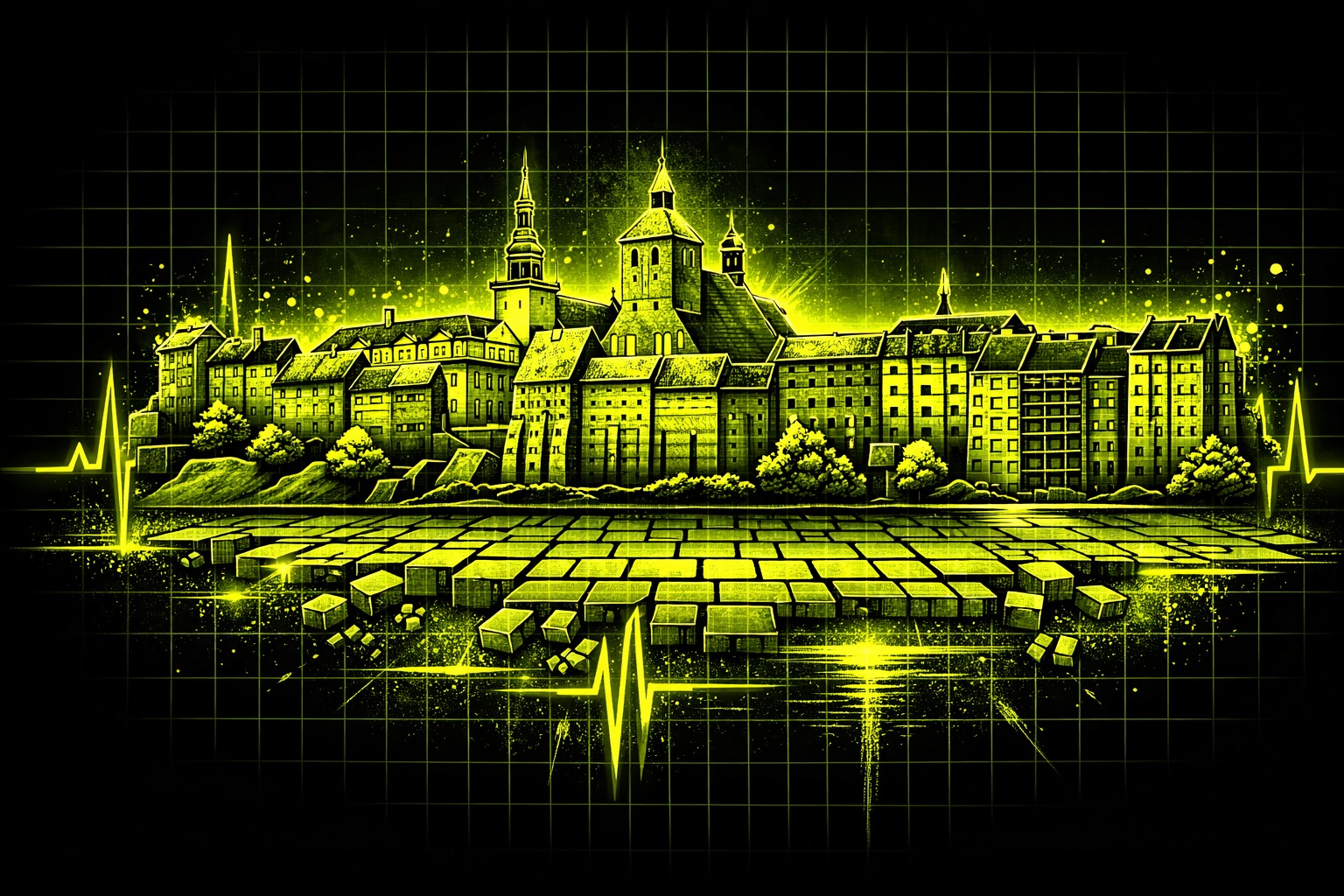 Grafika miasta z kościołem i budynkami, stylizowana na neonową siatkę z motywem EKG, na czarnym tle. Elementy kostki brukowej w dolnej części.