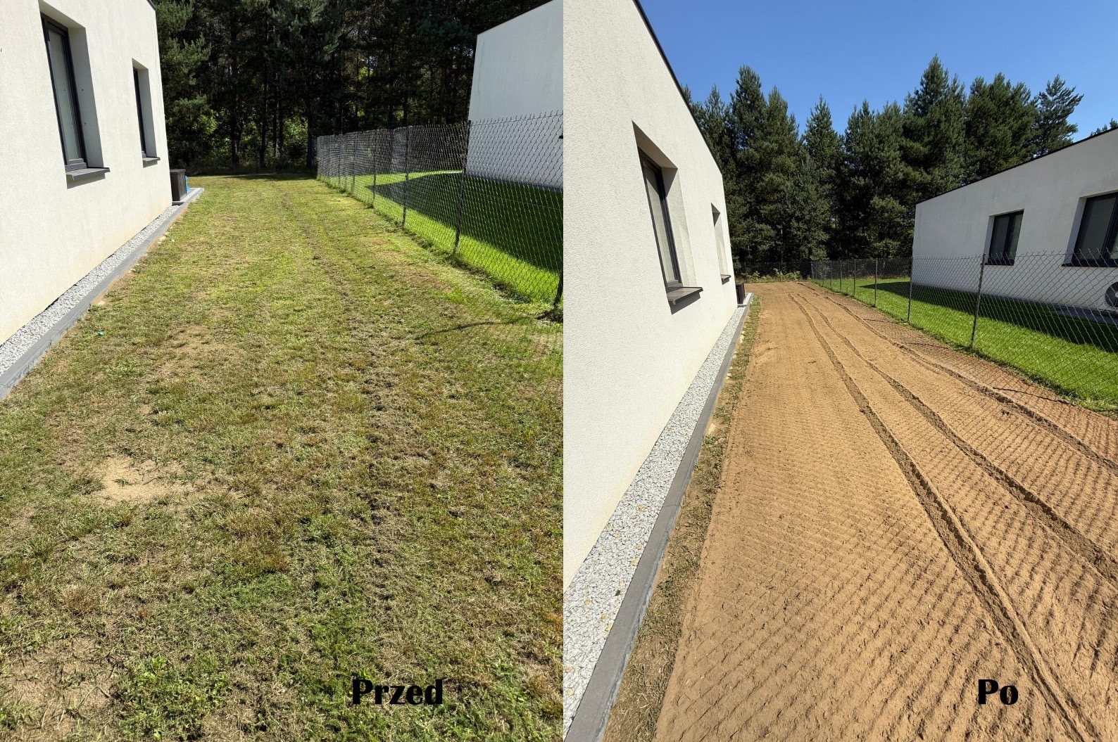 Zdjęcie 'przed i po' ukazujące teren przygotowany pod trawnik z rolki. Po lewej zaniedbany trawnik, po prawej wyrównany teren z widocznymi śladami po maszynach.