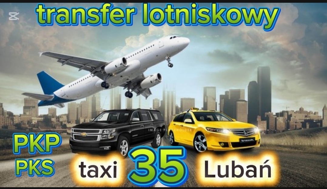 Transfer lotniskowy: samolot nad miastem, czarny SUV i żółta taksówka. Napisy PKP, PKS, taxi 35 Lubań. Grafika reklamowa.
