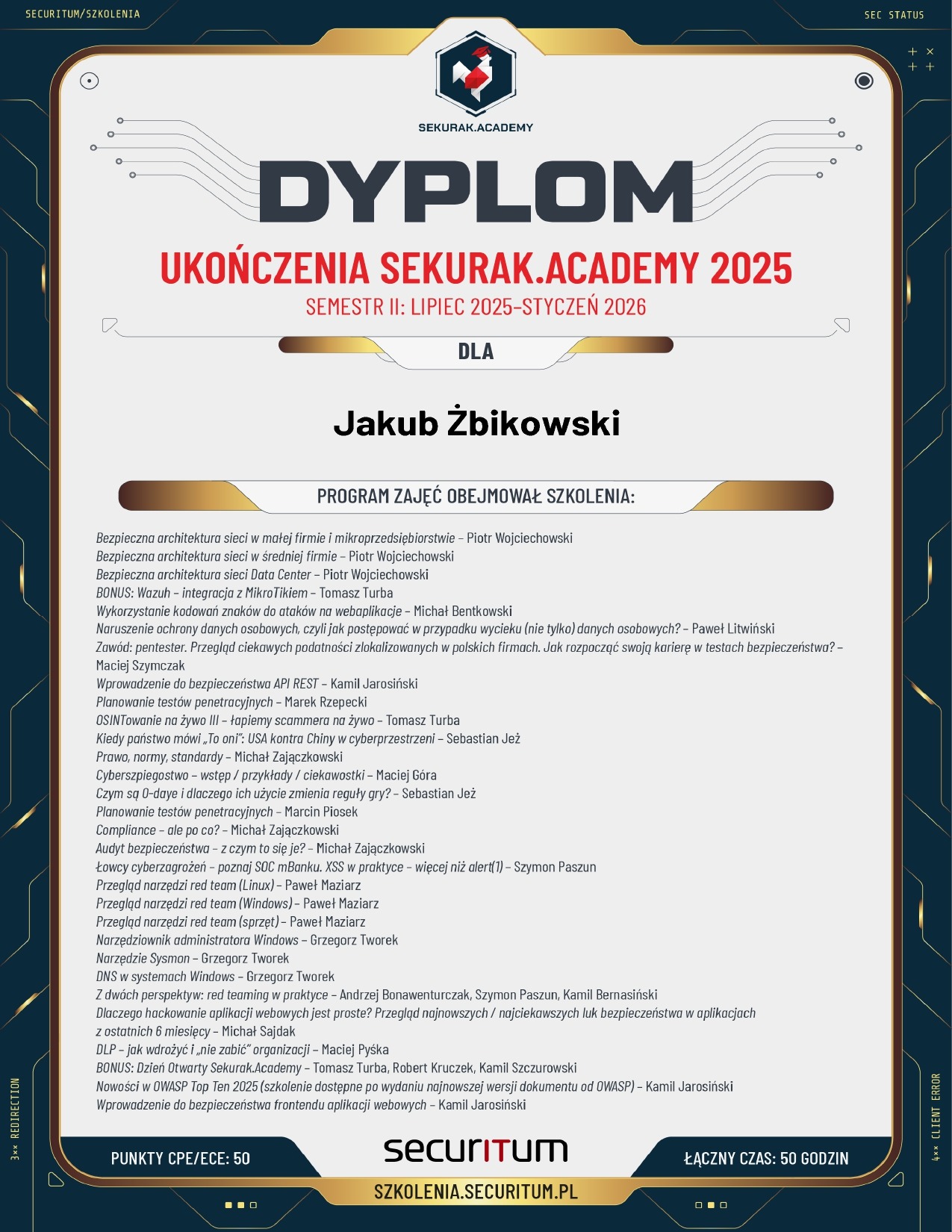 Dyplom ukończenia szkolenia Sekurak.Academy 2025 dla Jakuba Żbikowskiego. Program obejmował szkolenia z zakresu bezpieczeństwa sieci i aplikacji webowych.