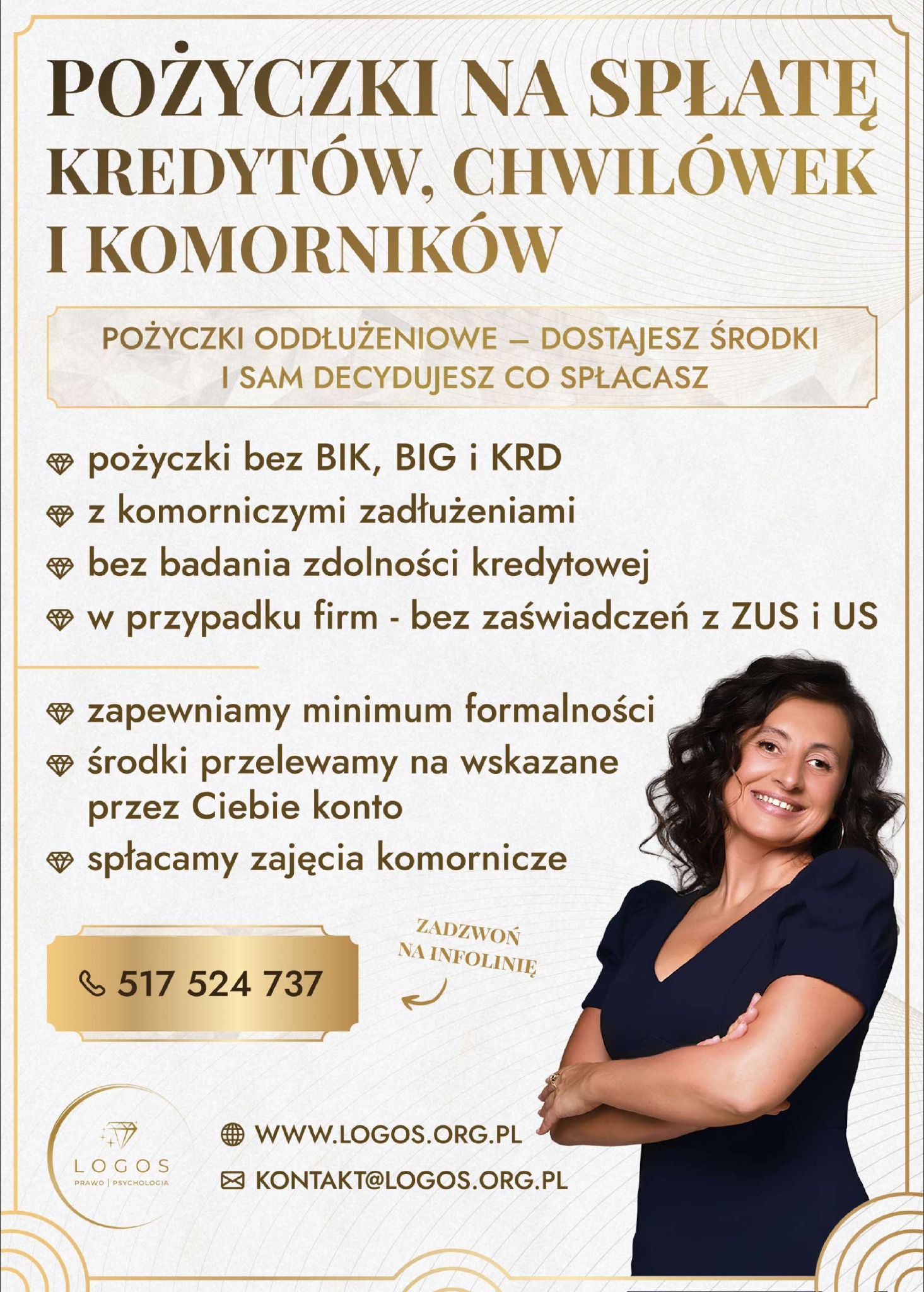 Oferta pożyczki na spłatę kredytów i chwilówek z minimum formalności. Uśmiechnięta kobieta w granatowej sukience na tle złotych zdobień i danych kontaktowych.