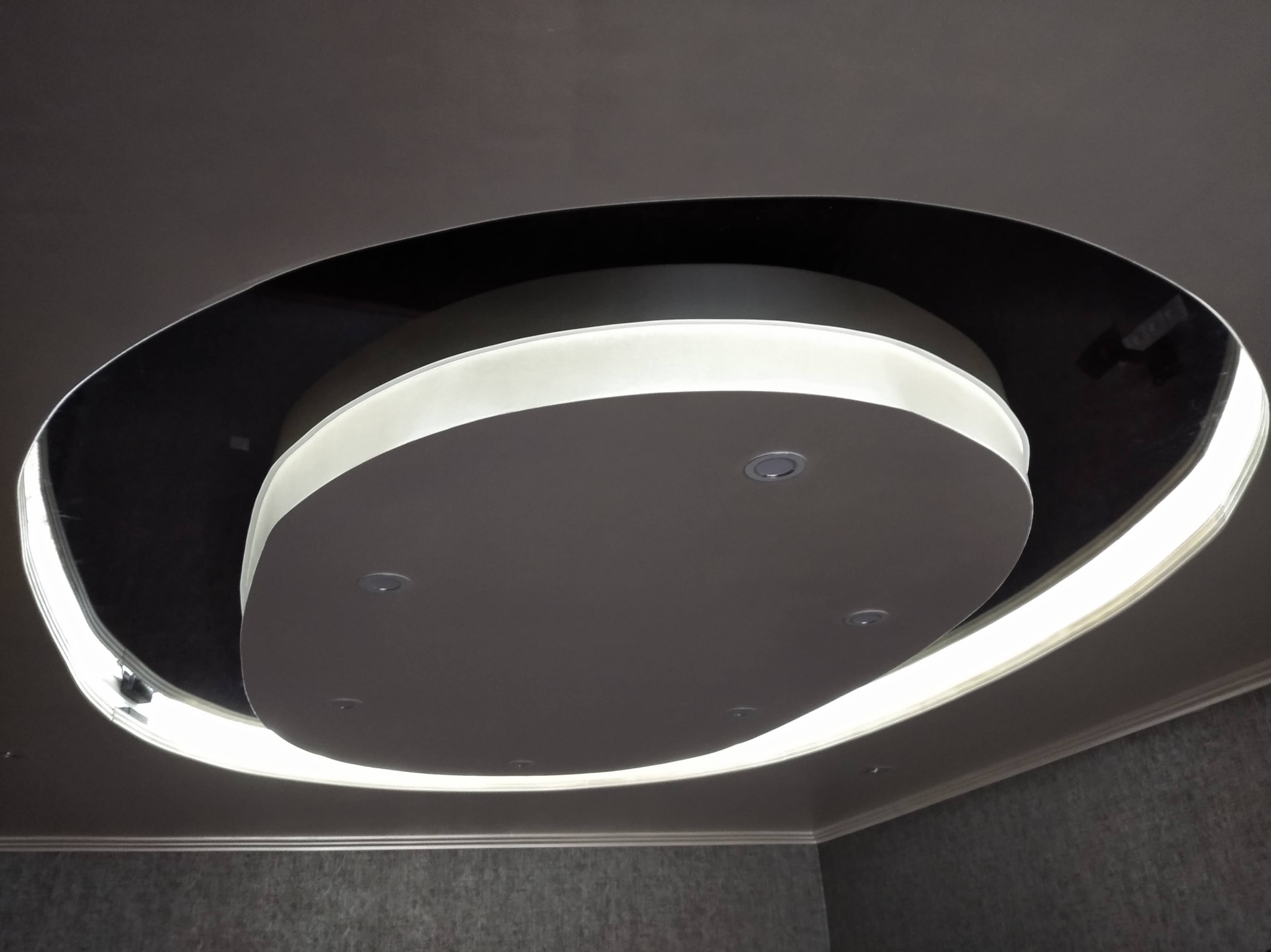 Nowoczesny sufit podwieszany z oświetleniem LED w kształcie elipsy, widok z dołu. Czarny element dekoracyjny i punktowe światła. Szara ściana w tle.