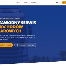 Neution Studio - Strona internetowa firmy AMW Serwis z ofertą niezawodnego serwisu samochodów ciężarowych. Widoczny fragment ciężarówki, przyciski nawigacyjne i dane kontaktowe.