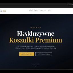 FUERTE DIGITAL PATRYCJA MATEJKO - Ekran komputera prezentuje stronę internetową 'Premium Tee' z kolekcją 2024 ekskluzywnych koszulek premium. Minimalistyczny design, ciemne tło, przyciski 'Odkryj kolekcję'.