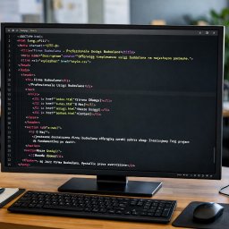 FUERTE DIGITAL PATRYCJA MATEJKO - Ekran monitora z kodem HTML na drewnianym biurku. Widoczna klawiatura, mysz, notatnik, słuchawki i kubek. Programowanie stron internetowych w nowoczesnym biurze.