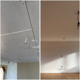 DOMAR Patryk Matuła - Porównanie stanu sufitu przed i po: sufit z płyt kartonowo-gipsowych przed szpachlowaniem i pomalowany sufit z widocznymi punktami oświetleniowymi i gniazdkami.