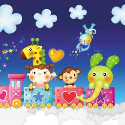 Vega-Heizungen - Ilustracja przedstawiająca pociąg z wagonami w kształcie serc i gwiazd, podróżujący po chmurach, z pasażerami: dziewczynką trzymającą balon w kształcie serca, żyrafą, małpką i słoniem z długą trąbą...