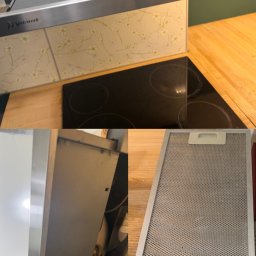 Ogarnij To - Brudny okap kuchenny marki Mastercook nad płytą indukcyjną. Widoczny filtr okapu z nagromadzonym tłuszczem i zabrudzeniami. Potrzeba czyszczenia.