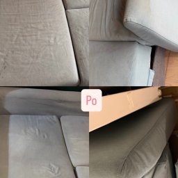 Ogarnij To - Zdjęcie 'przed i po' prania jasnej, modułowej kanapy. Widoczne plamy usunięte, odświeżony wygląd tapicerki. Ujęcie z góry, prezentujące efekt czyszczenia.