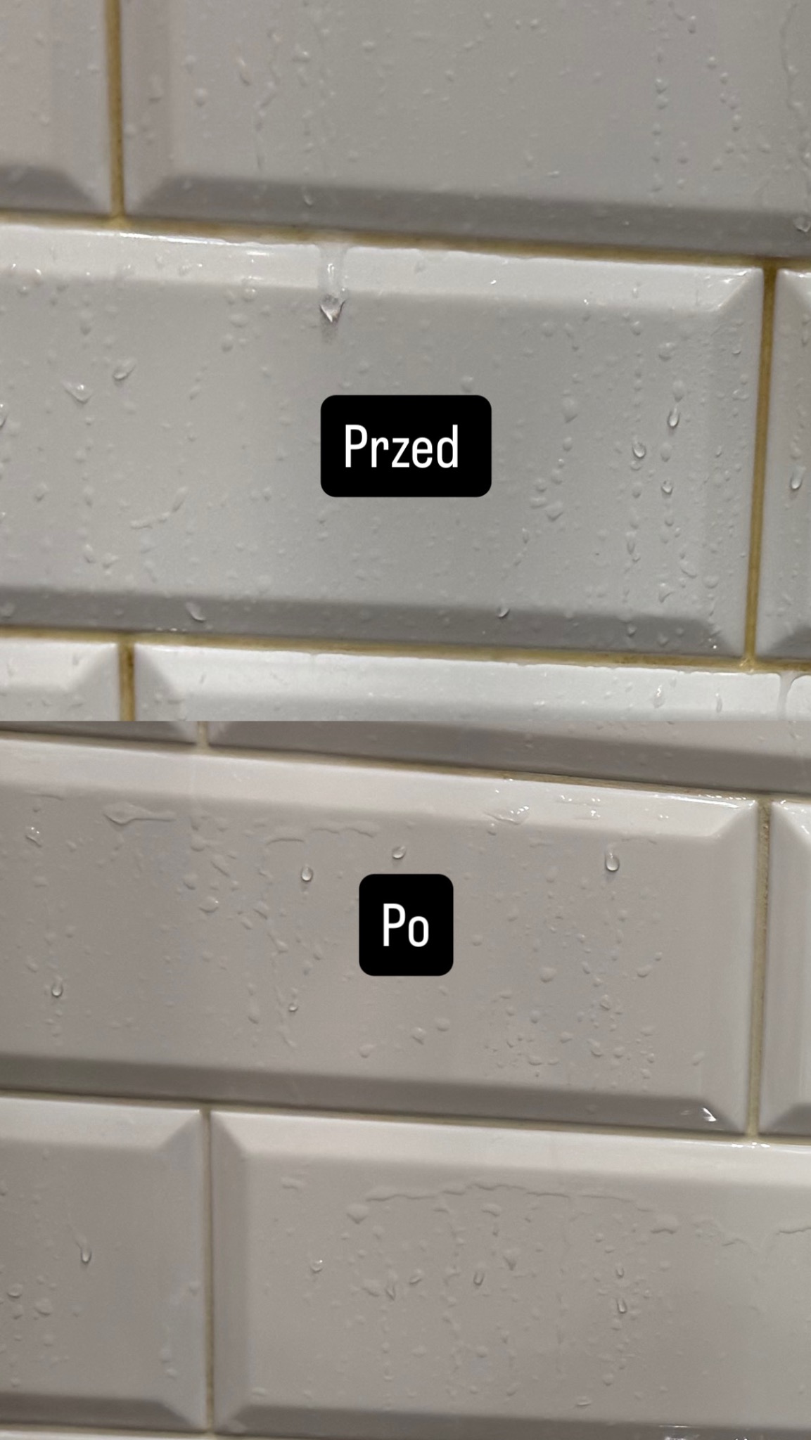 Białe, prostokątne płytki ścienne typu metro, ułożone poziomo. Górna część z napisem 'Przed' jest mokra i zabrudzona, dolna z napisem 'Po' czysta i sucha.