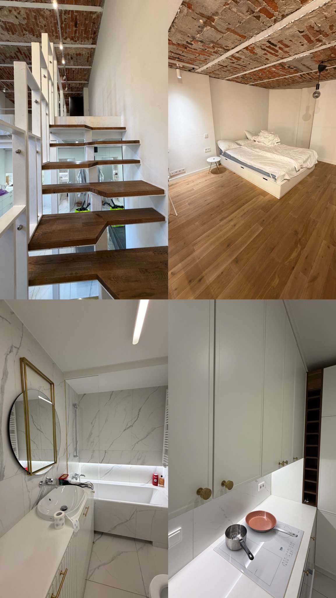 Wnętrze apartamentu: schody z drewnianymi stopniami, sypialnia z ceglanym sufitem, łazienka z marmurowymi płytkami i kuchnia z białymi szafkami.