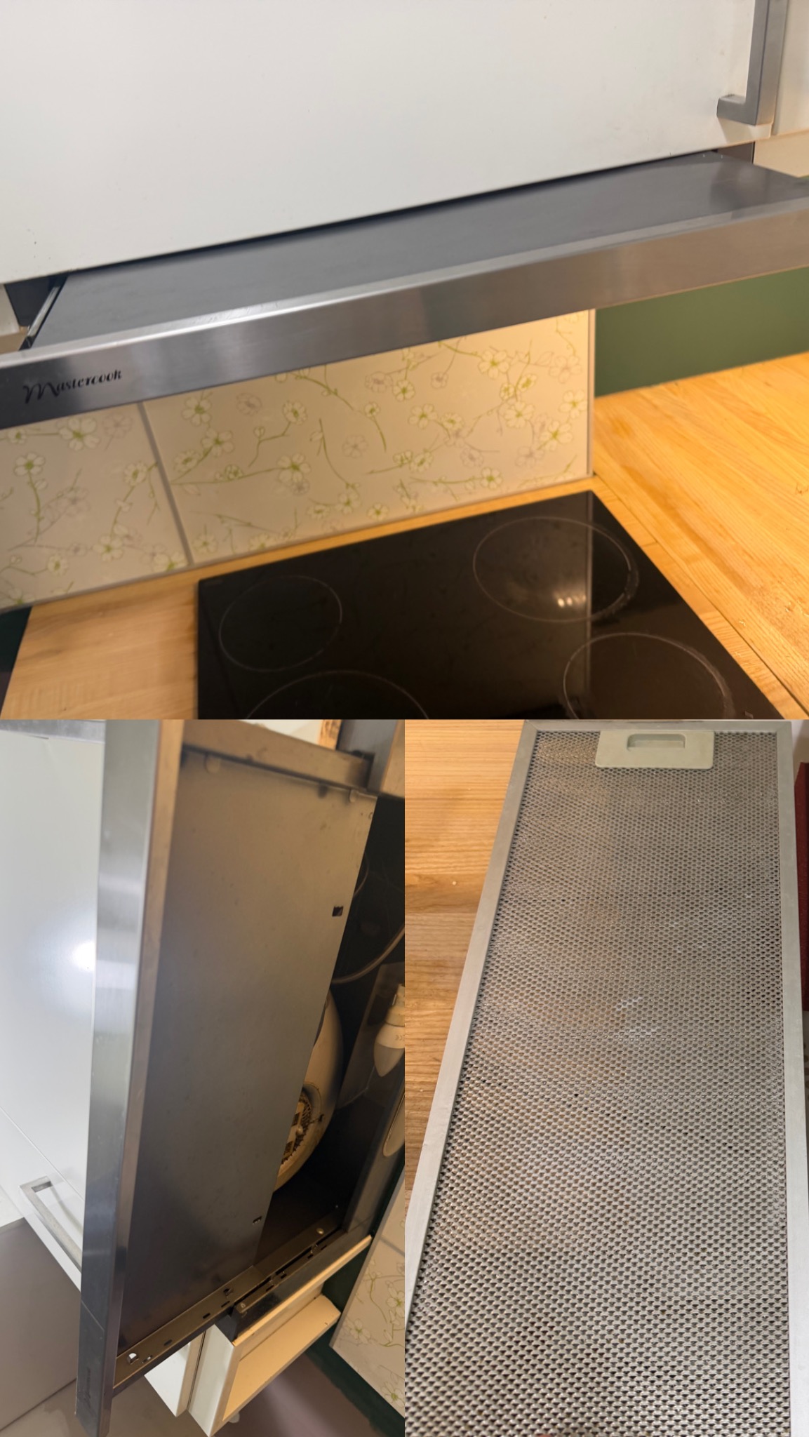 Brudny okap kuchenny marki Mastercook nad płytą indukcyjną. Widoczny filtr okapu z nagromadzonym tłuszczem i zabrudzeniami. Potrzeba czyszczenia.