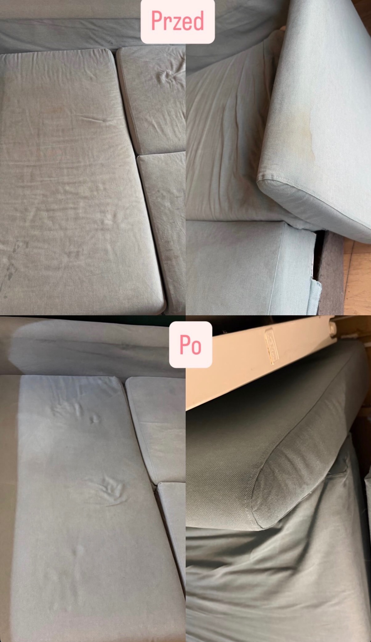 Zdjęcie 'przed i po' prania jasnej, modułowej kanapy. Widoczne plamy usunięte, odświeżony wygląd tapicerki. Ujęcie z góry, prezentujące efekt czyszczenia.