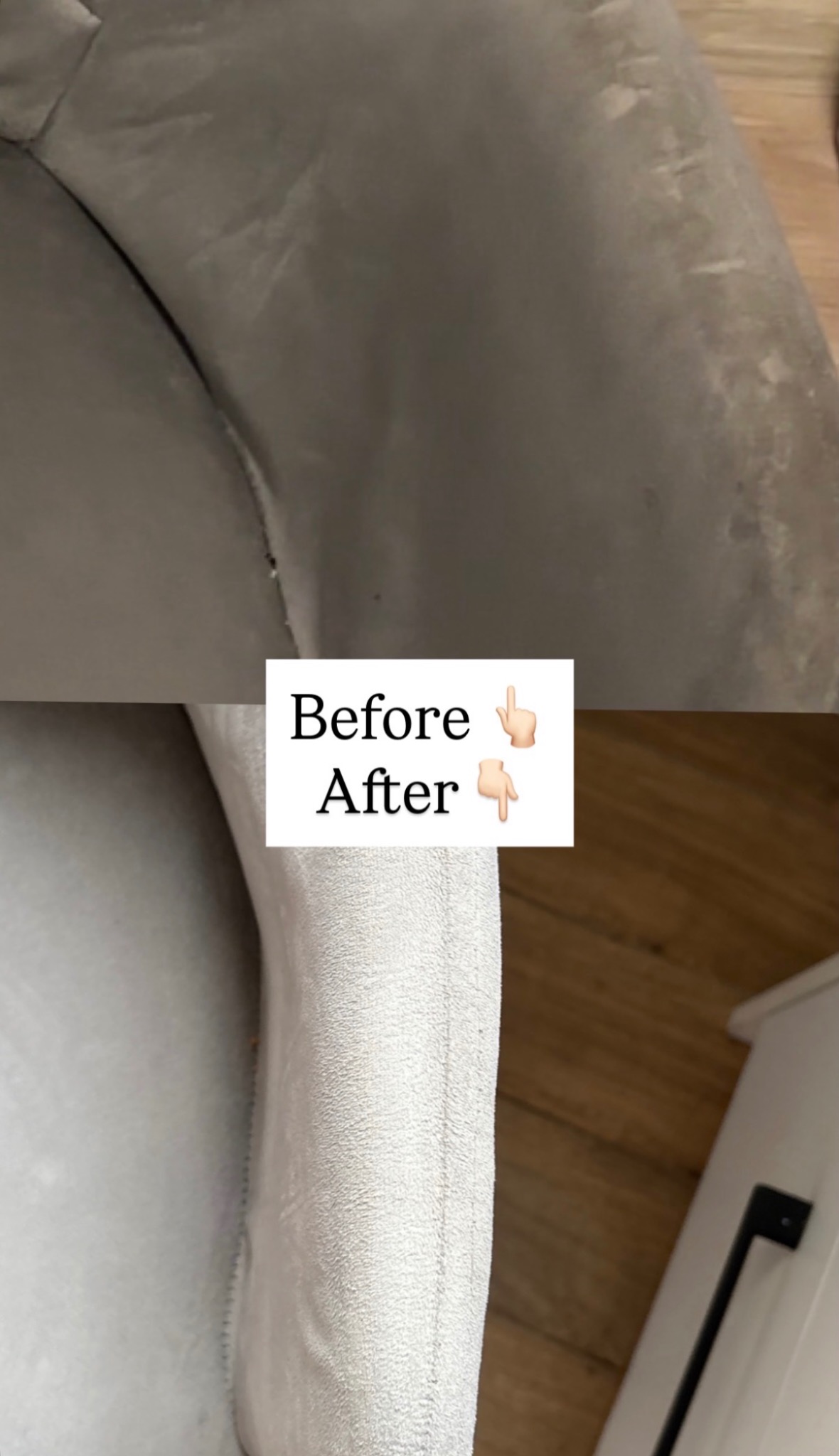 Tapicerka krzesła przed i po czyszczeniu, ukazująca wyraźną różnicę w kolorze i usunięciu zabrudzeń. Widoczne drewniane panele podłogowe i fragment białej szafki.