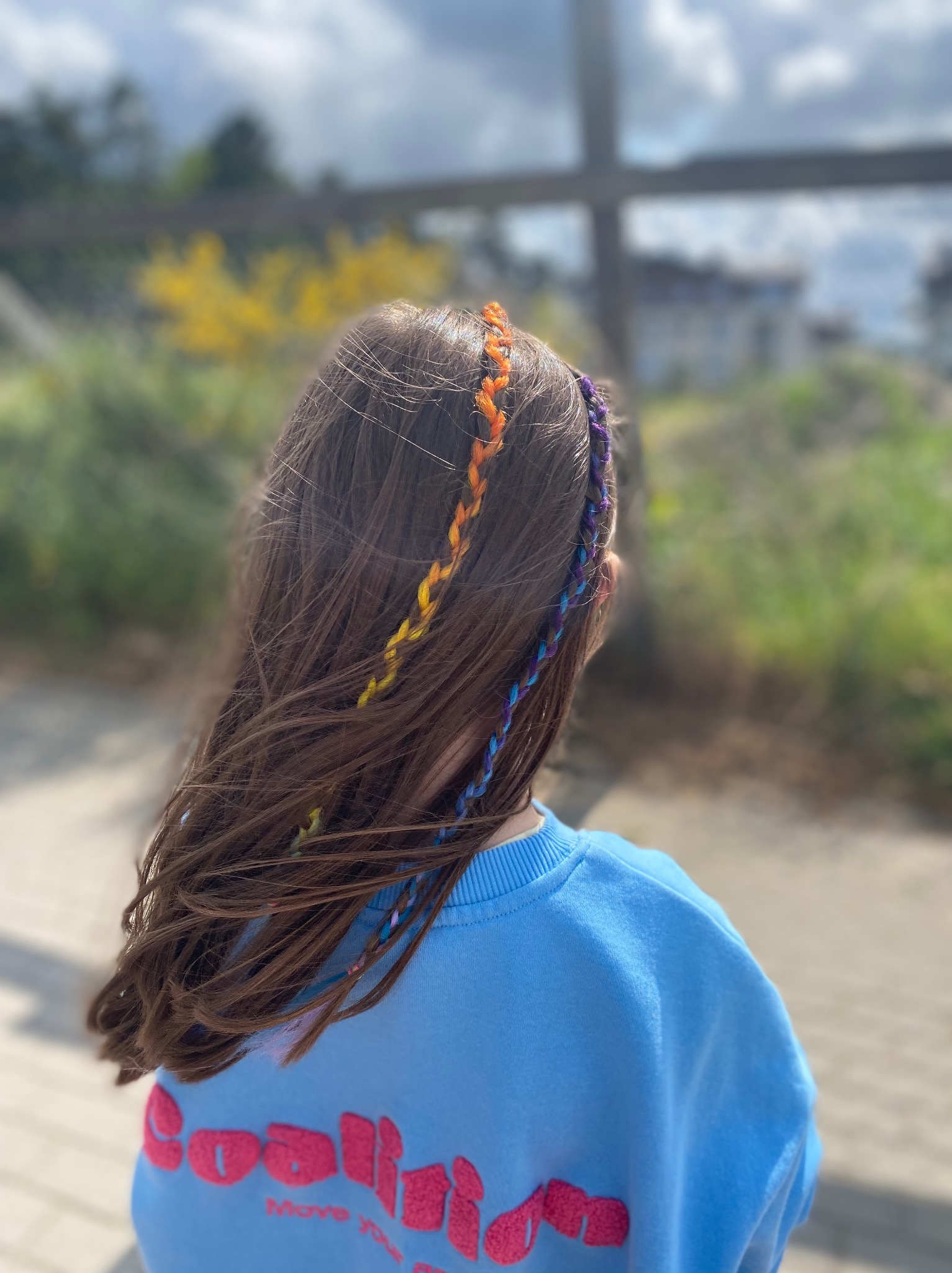 Dziewczynka z kolorowymi warkoczykami we włosach, widok z tyłu, na tle parku w Gdyni. Warkoczyki w odcieniach pomarańczy, żółci i fioletu.