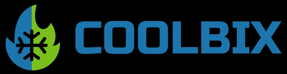 Logo firmy COOLBIX: płomień podzielony na niebieską i zieloną część, z symbolem śnieżynki w środku, obok nazwa firmy w kolorze niebieskim na czarnym tle.