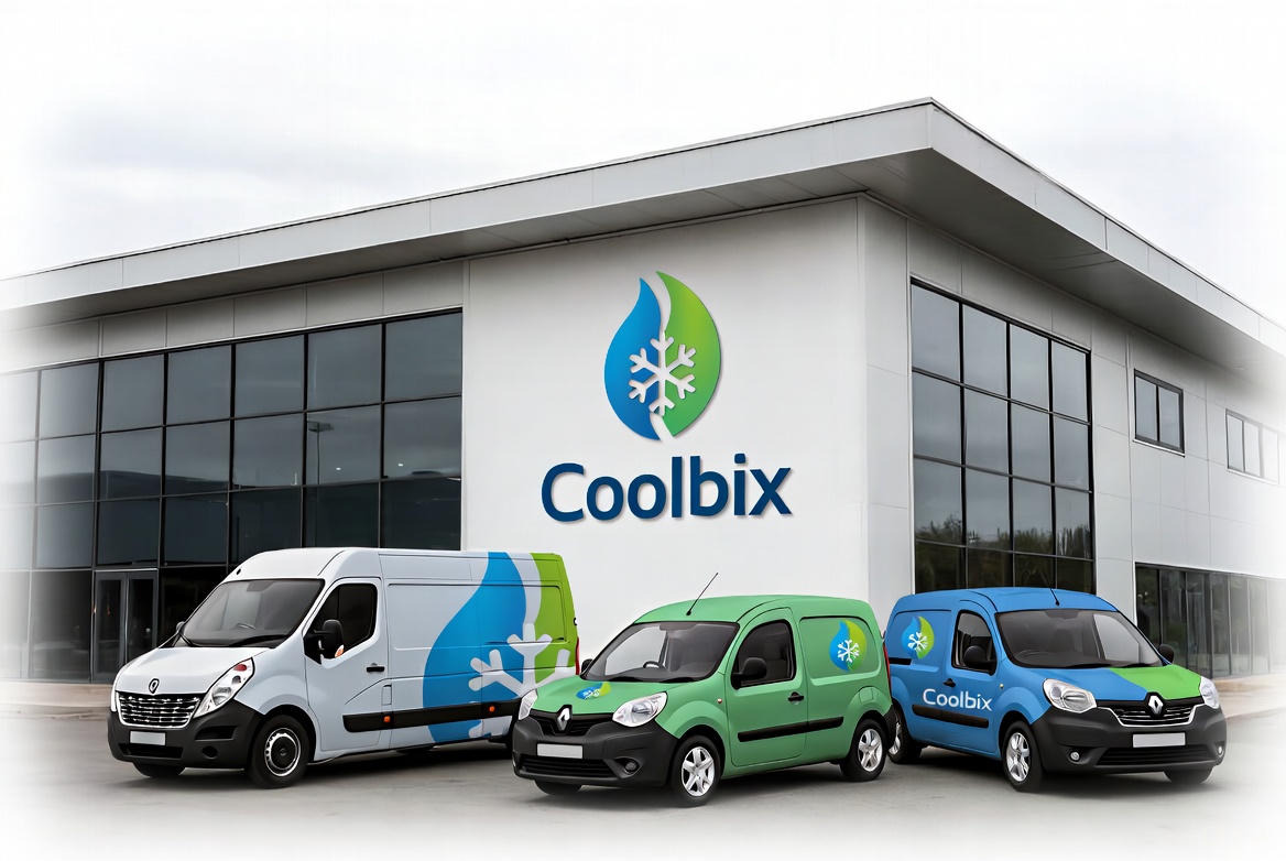 Flota firmowa Coolbix: trzy samochody dostawcze (biały, zielony, niebieski) z logo firmy na tle nowoczesnego budynku biurowego z dużymi oknami.