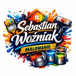 Sebastian Woźniak - Kolorowa grafika z nazwą firmy 'Sebastian Woźniak' i napisem 'Malowanie', pędzlem, wałkiem i puszkami farb w odcieniach tęczy na białym tle.