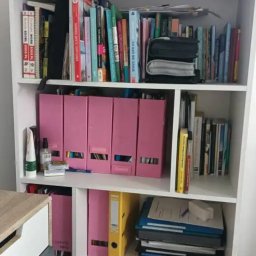 Sylwia Chwałowska - Półka z książkami, segregatorami i dekoracjami. Widoczne książki, segregatory w odcieniach różu i żółci, oraz drobne przedmioty dekoracyjne na górnej półce.