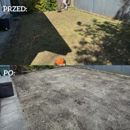 Ogrody Odzaraz - Zdjęcie 'przed i po' ukazujące teren po skoszeniu trawy. W górnej części widoczna osoba kosząca trawę, w dolnej - teren po skoszeniu, z widoczną kosiarką.