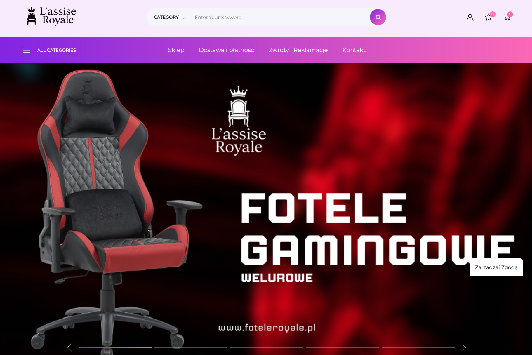 Strona internetowa sklepu z welurowymi fotelami gamingowymi L'assise Royale. Czerwono-czarny fotel po lewej, logo i hasło po prawej, menu na górze.
