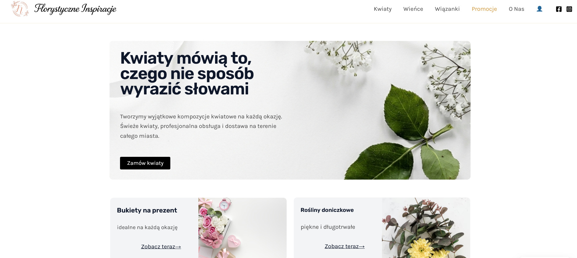 Strona internetowa kwiaciarni z hasłem 'Kwiaty mówią to, czego nie sposób wyrazić słowami'. Widoczne menu, oferta bukietów i roślin doniczkowych. Minimalistyczny design.