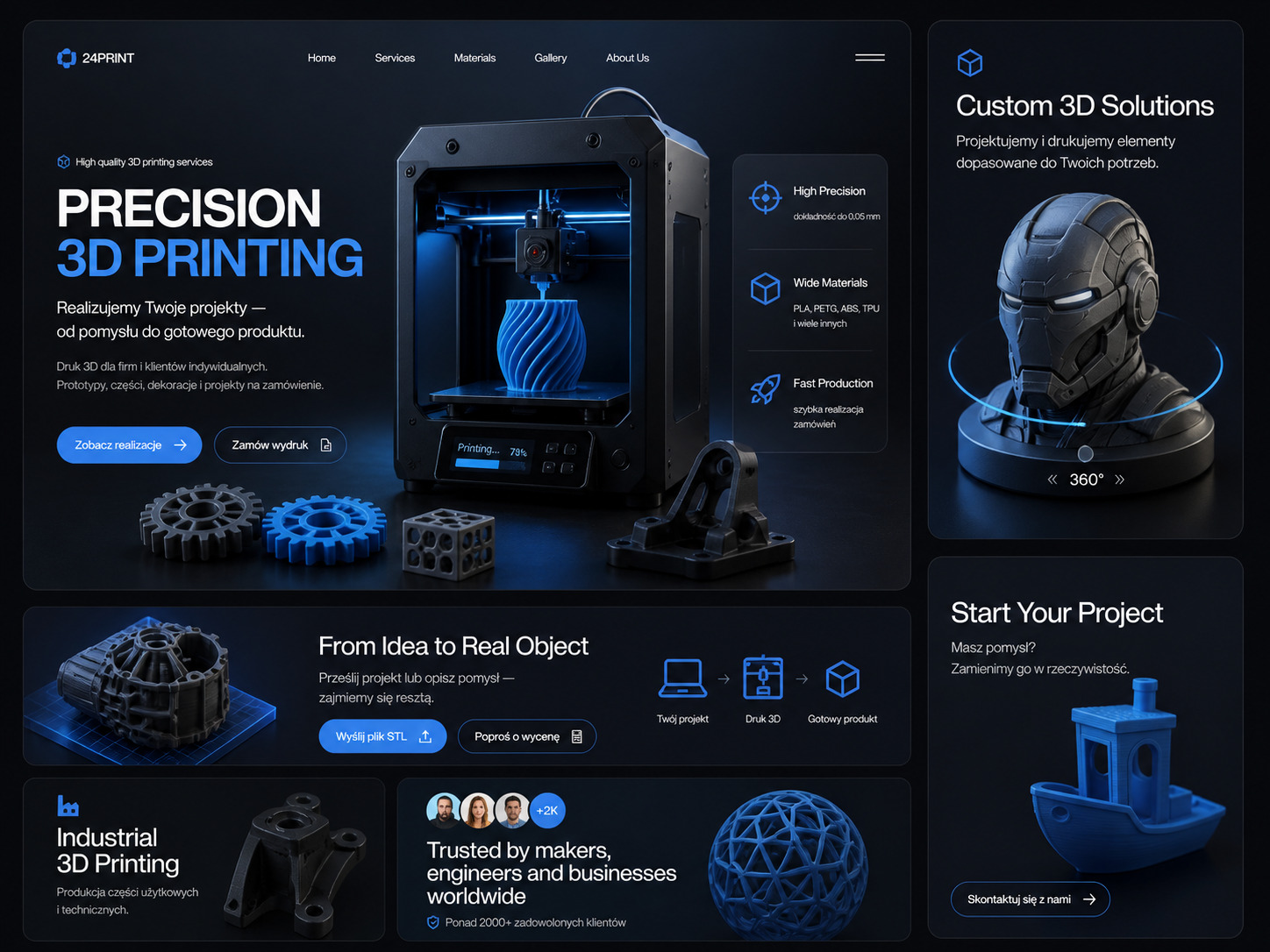 Strona internetowa z ciemnym motywem prezentująca usługi druku 3D: drukarka, modele, hasła 'Precision 3D Printing', 'From Idea to Real Object'.