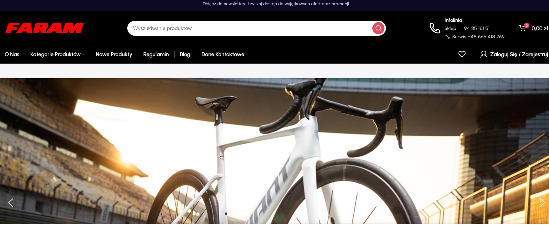 Strona sklepu internetowego z rowerami Faram w Toruniu. Widoczny rower na tle stadionu, menu nawigacyjne i pasek wyszukiwania produktów.