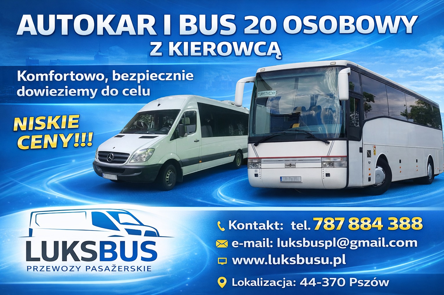 Grafika reklamowa: biały bus Mercedes i autokar Van Hool na niebieskim tle z hasłem 'Autokar i bus 20 osobowy z kierowcą' oraz danymi kontaktowymi Luksbus.