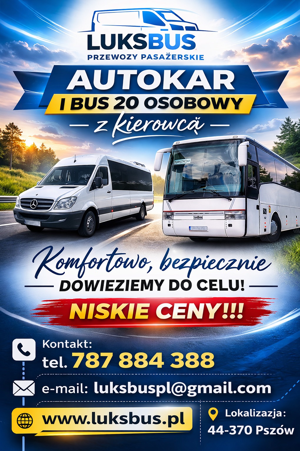 Plakat reklamowy firmy LuksBus z dwoma białymi pojazdami: busem Mercedes i autokarem turystycznym. Oferta przewozów pasażerskich z kierowcą, komfort i niskie ceny.