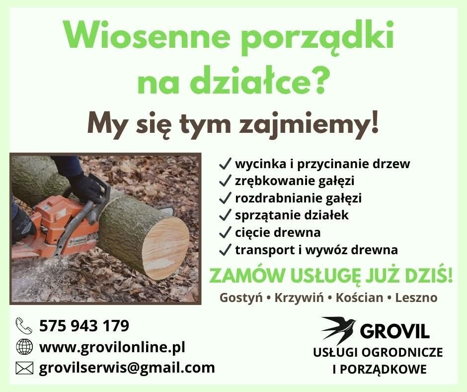 Grafika reklamowa usług ogrodniczych: wycinka drzew piłą spalinową, zrębkowanie gałęzi, sprzątanie działek. Kontakt: telefon, strona www, email. Hasło: Wiosenne porządki na działce?