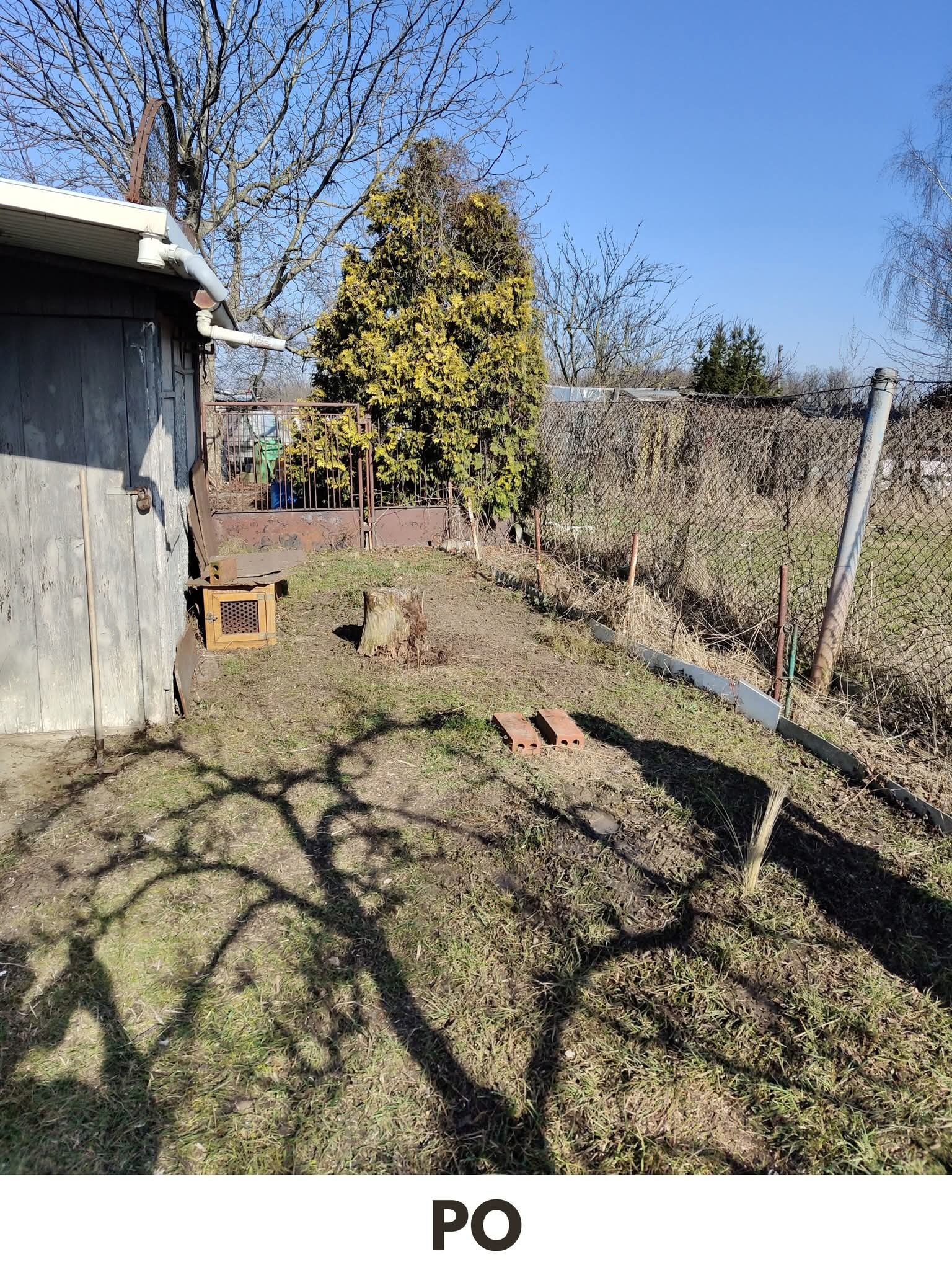 Zarośnięty ogród z drewnianą budką, pniem po ściętym drzewie i fragmentami cegieł. Widoczne chwasty i zaniedbana trawa. Zdjęcie zrobione w słoneczny dzień.